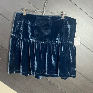 Free People Womens Velvet Mini Skirt Tiered Ruffle Size 12 Blue NWT BOHO